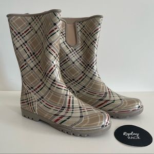 Sperry Topsider Khaki Plaid Waterproof Rain Boots Women